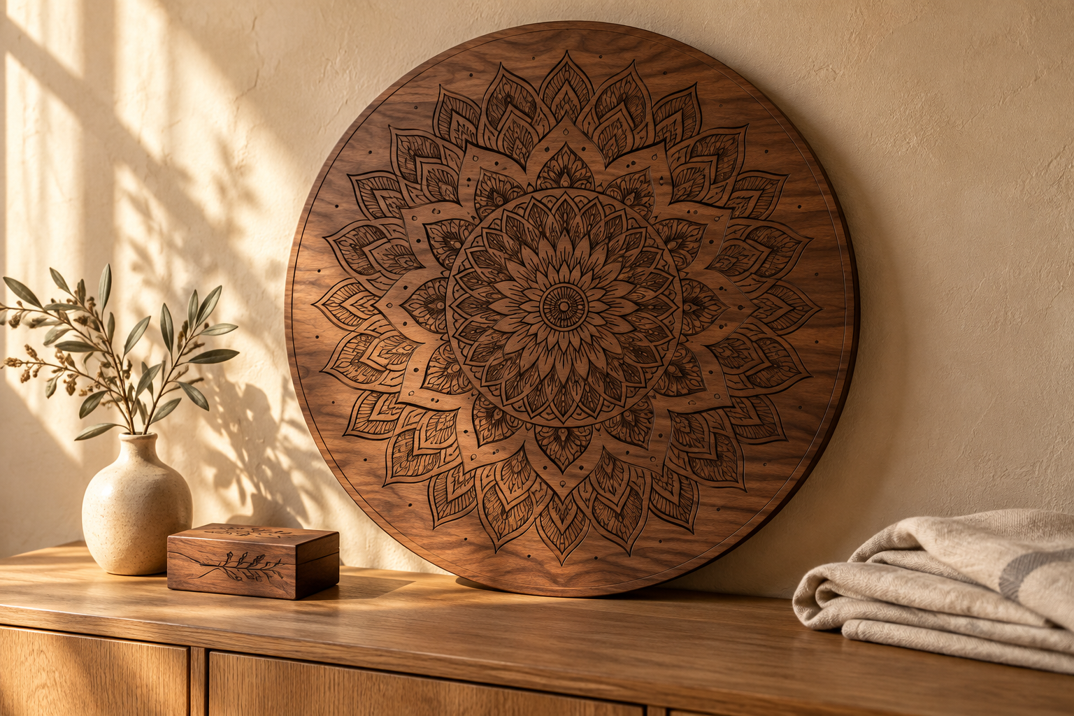 Concept of an intricate walnut mandala artwork on a wooden sideboard in warm sunlight