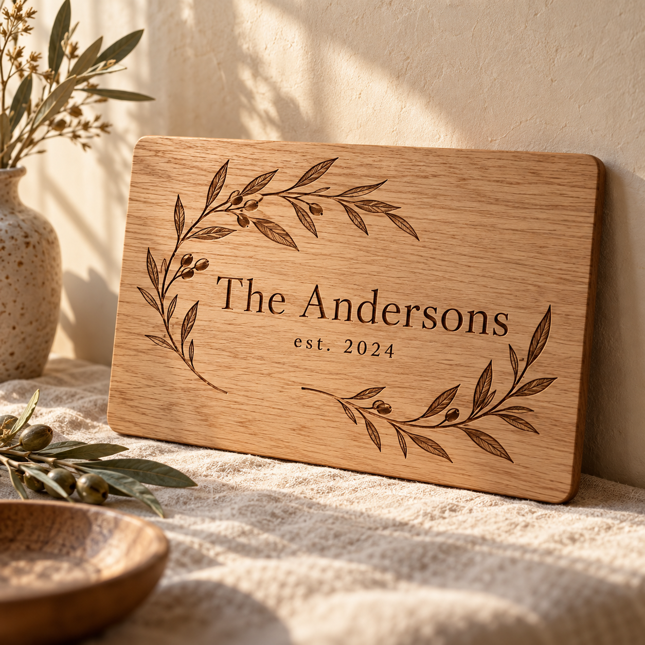 Concept of a personalized oak family keepsake with botanical engraving
